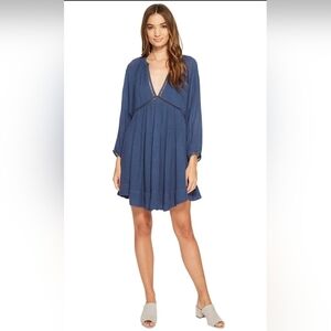 Free People, Boho Go Lightly Deep V-Neck Mini‎ Swing Dress, Blue, Size Medium